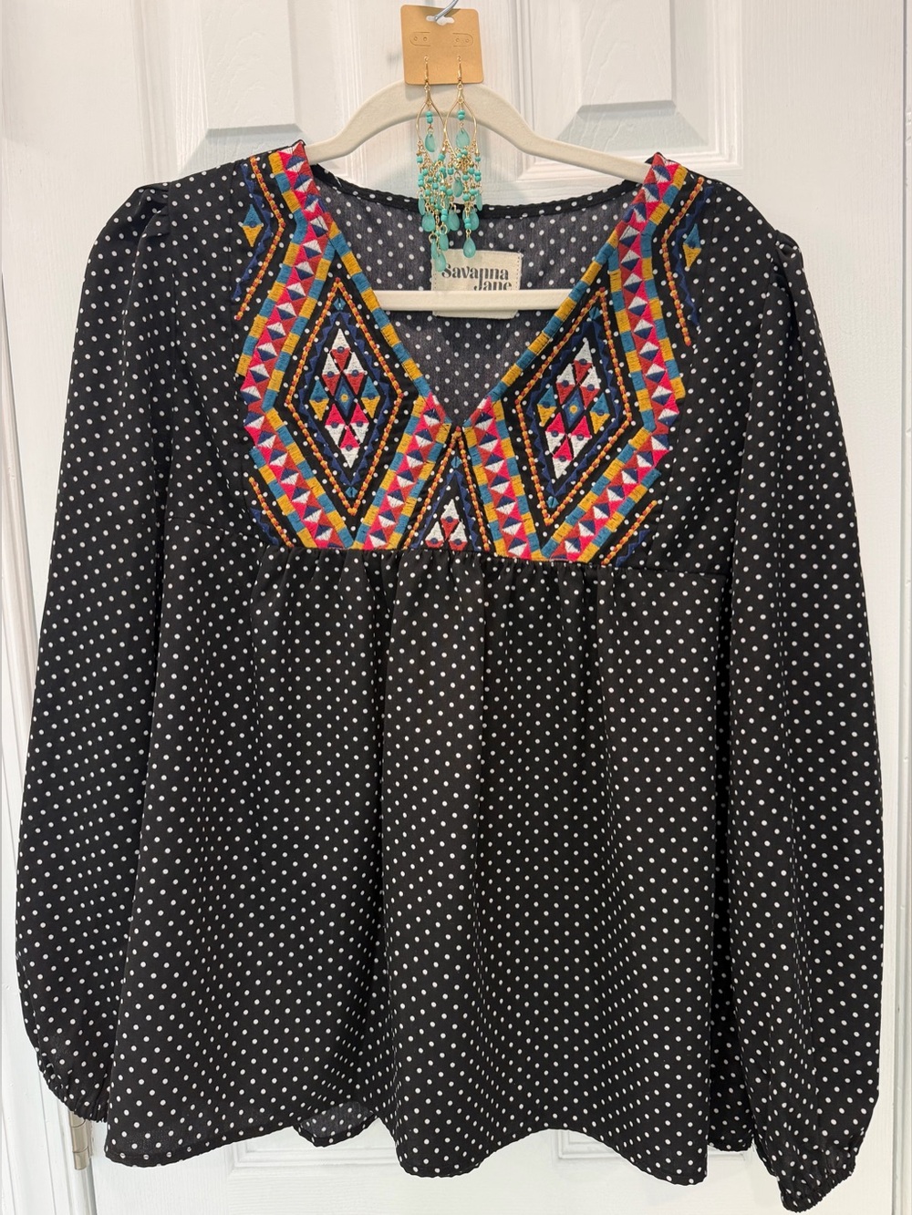 Savanna Jane Black Polka Dot Tunic with Colorful Embroidered Yoke & earrings